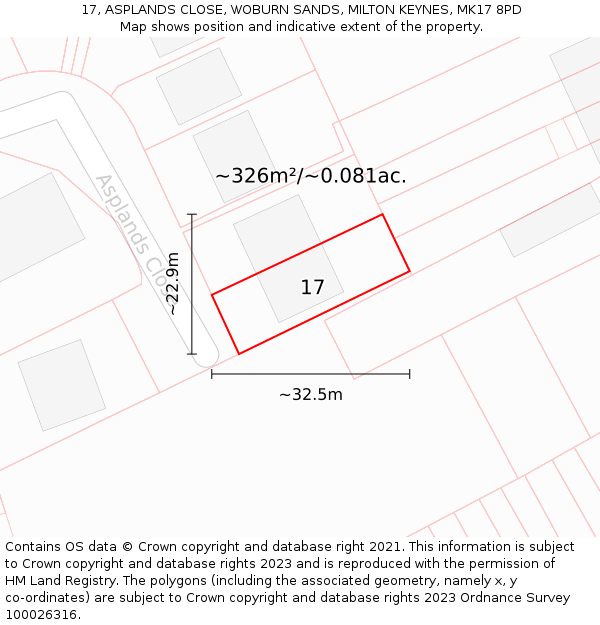 17, ASPLANDS CLOSE, WOBURN SANDS, MILTON KEYNES, MK17 8PD: Plot and title map