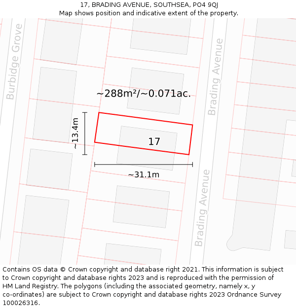 17, BRADING AVENUE, SOUTHSEA, PO4 9QJ: Plot and title map