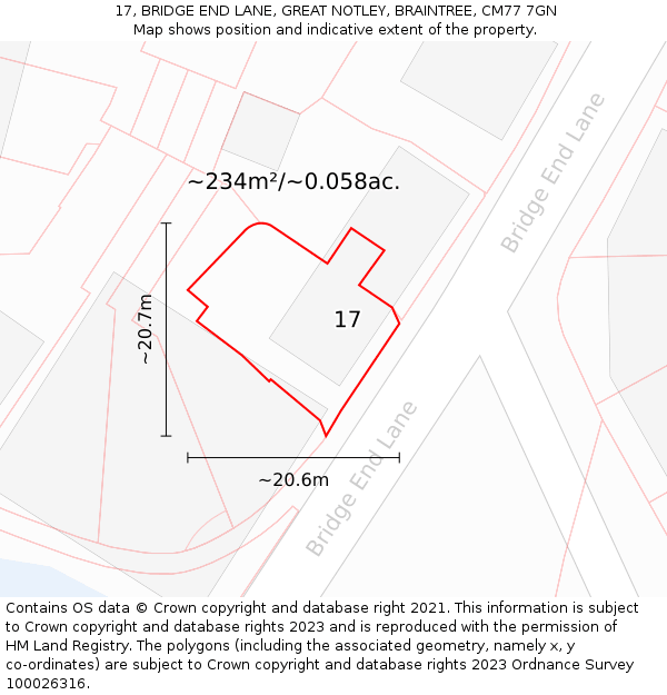 17, BRIDGE END LANE, GREAT NOTLEY, BRAINTREE, CM77 7GN: Plot and title map
