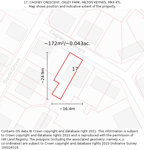 17, CAGNEY CRESCENT, OXLEY PARK, MILTON KEYNES, MK4 4TL: Plot and title map