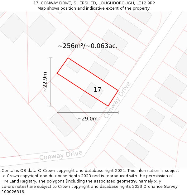 17, CONWAY DRIVE, SHEPSHED, LOUGHBOROUGH, LE12 9PP: Plot and title map