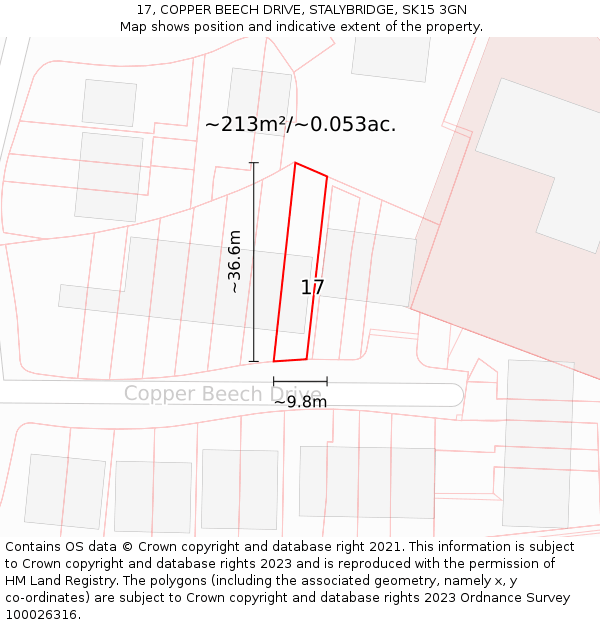 17, COPPER BEECH DRIVE, STALYBRIDGE, SK15 3GN: Plot and title map