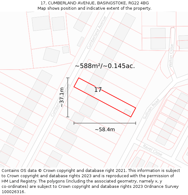 17, CUMBERLAND AVENUE, BASINGSTOKE, RG22 4BG: Plot and title map