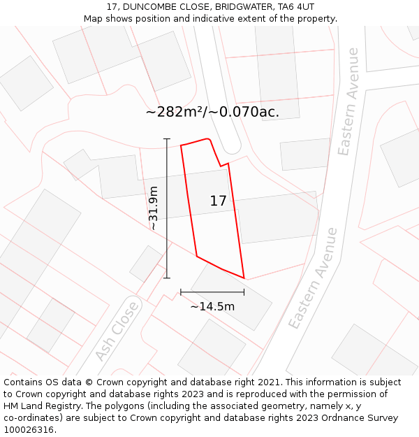 17, DUNCOMBE CLOSE, BRIDGWATER, TA6 4UT: Plot and title map