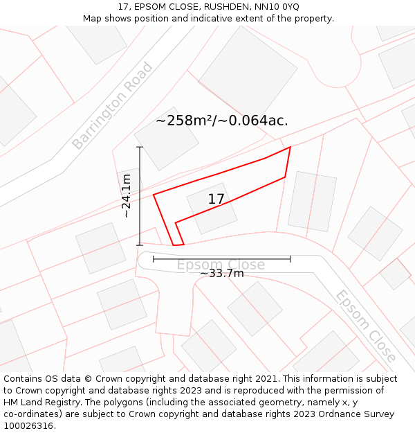 17, EPSOM CLOSE, RUSHDEN, NN10 0YQ: Plot and title map