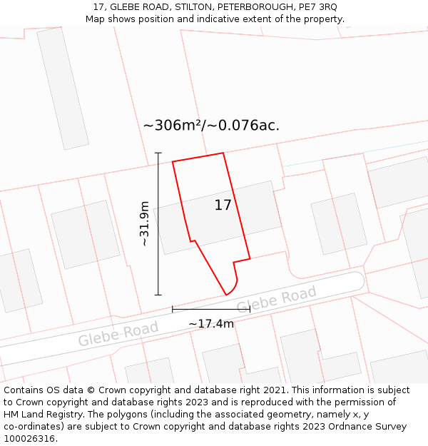 17, GLEBE ROAD, STILTON, PETERBOROUGH, PE7 3RQ: Plot and title map