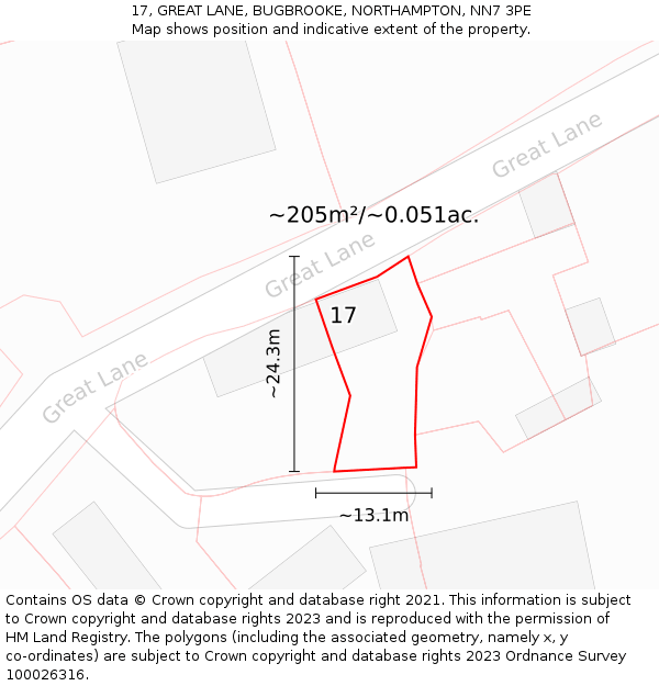 17, GREAT LANE, BUGBROOKE, NORTHAMPTON, NN7 3PE: Plot and title map