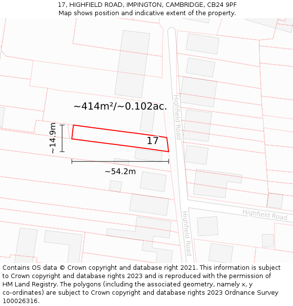 17, HIGHFIELD ROAD, IMPINGTON, CAMBRIDGE, CB24 9PF: Plot and title map