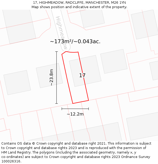 17, HIGHMEADOW, RADCLIFFE, MANCHESTER, M26 1YN: Plot and title map