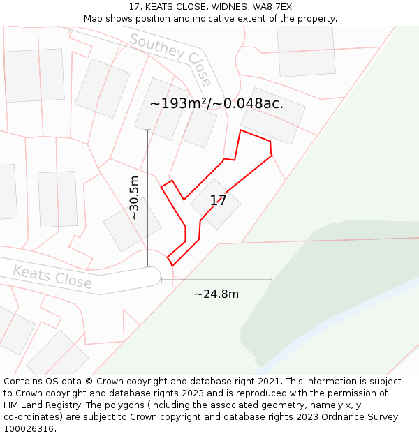 17, KEATS CLOSE, WIDNES, WA8 7EX: Plot and title map