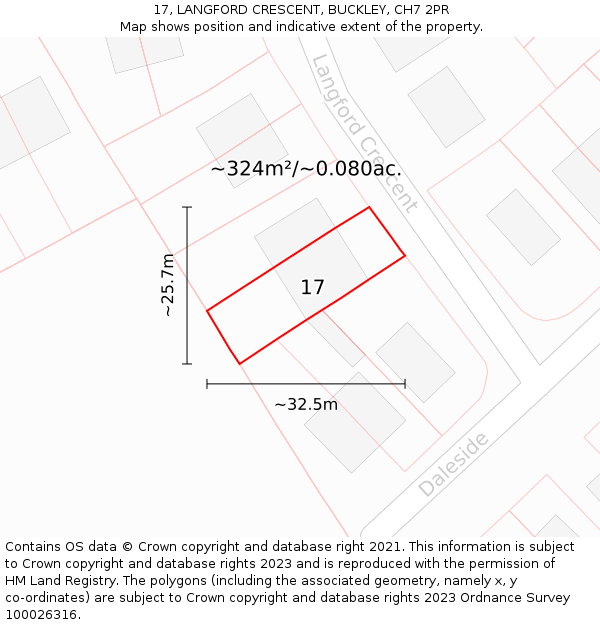 17, LANGFORD CRESCENT, BUCKLEY, CH7 2PR: Plot and title map