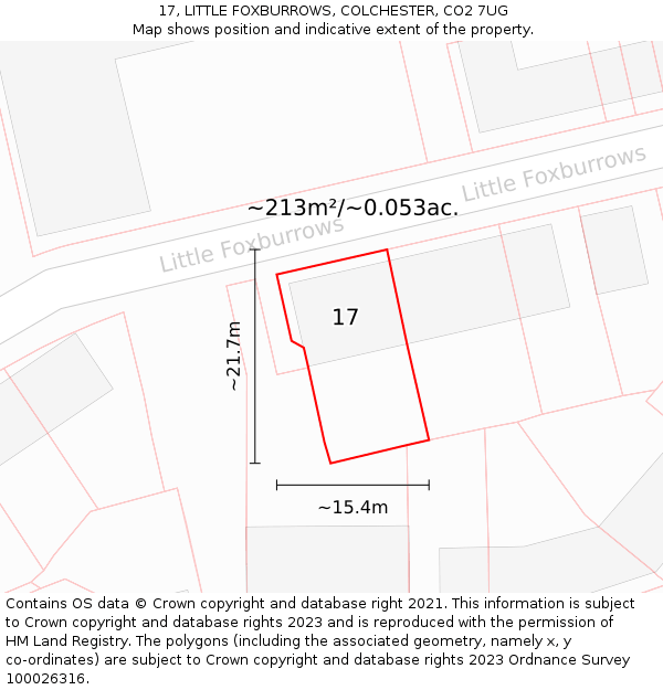 17, LITTLE FOXBURROWS, COLCHESTER, CO2 7UG: Plot and title map