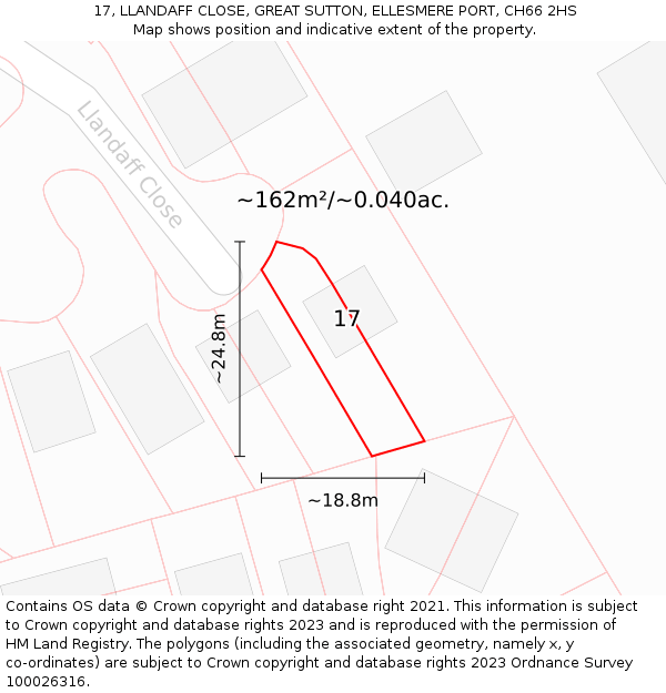 17, LLANDAFF CLOSE, GREAT SUTTON, ELLESMERE PORT, CH66 2HS: Plot and title map