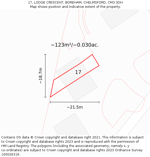 17, LODGE CRESCENT, BOREHAM, CHELMSFORD, CM3 3DH: Plot and title map