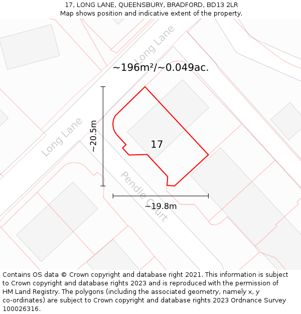 17, LONG LANE, QUEENSBURY, BRADFORD, BD13 2LR: Plot and title map