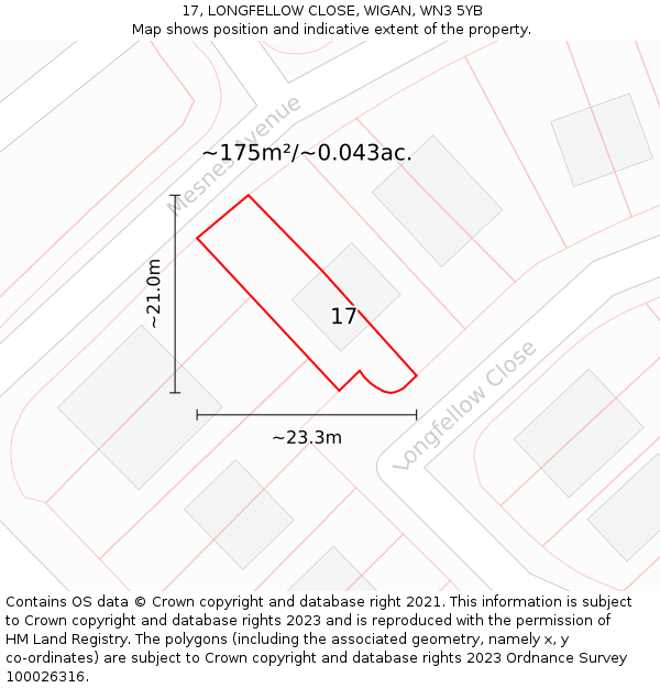 17, LONGFELLOW CLOSE, WIGAN, WN3 5YB: Plot and title map