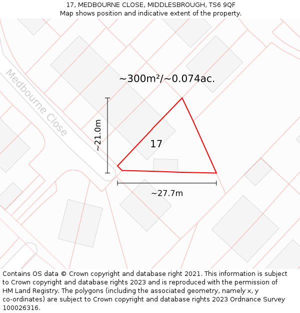 17, MEDBOURNE CLOSE, MIDDLESBROUGH, TS6 9QF: Plot and title map