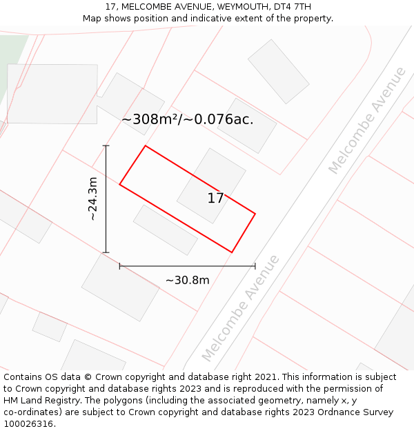 17, MELCOMBE AVENUE, WEYMOUTH, DT4 7TH: Plot and title map