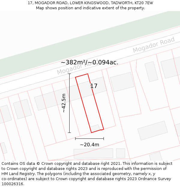 17, MOGADOR ROAD, LOWER KINGSWOOD, TADWORTH, KT20 7EW: Plot and title map