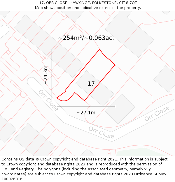 17, ORR CLOSE, HAWKINGE, FOLKESTONE, CT18 7QT: Plot and title map