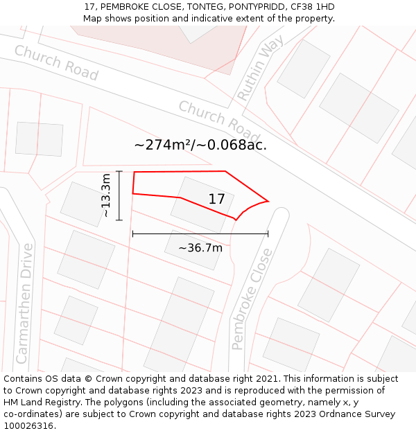 17, PEMBROKE CLOSE, TONTEG, PONTYPRIDD, CF38 1HD: Plot and title map