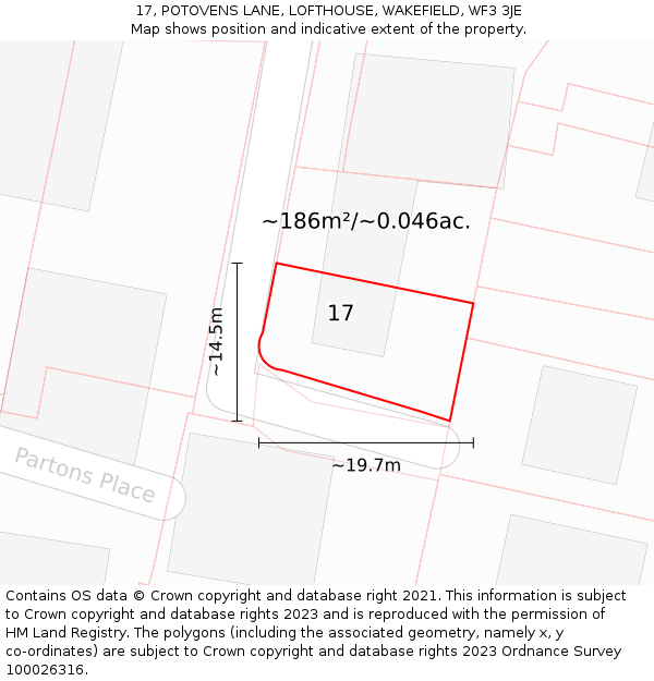 17, POTOVENS LANE, LOFTHOUSE, WAKEFIELD, WF3 3JE: Plot and title map