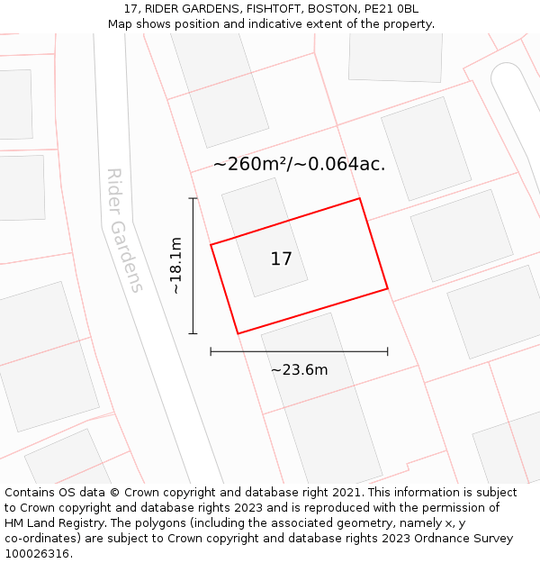 17, RIDER GARDENS, FISHTOFT, BOSTON, PE21 0BL: Plot and title map