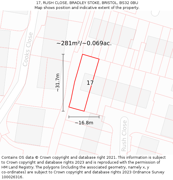 17, RUSH CLOSE, BRADLEY STOKE, BRISTOL, BS32 0BU: Plot and title map