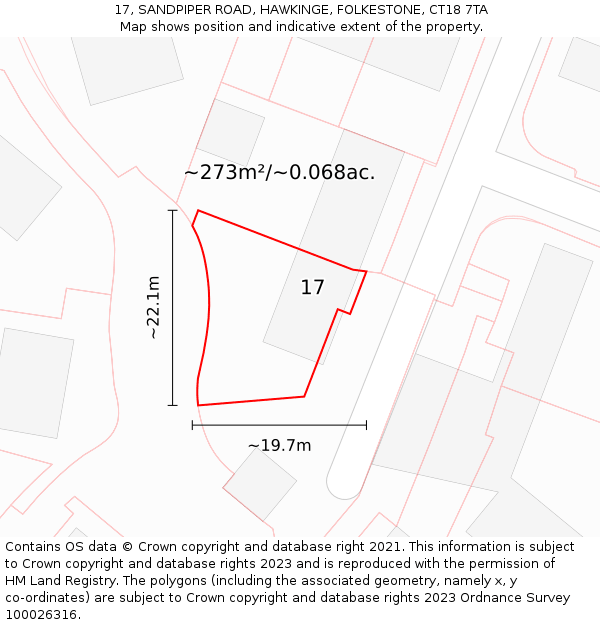 17, SANDPIPER ROAD, HAWKINGE, FOLKESTONE, CT18 7TA: Plot and title map