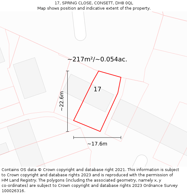 17, SPRING CLOSE, CONSETT, DH8 0QL: Plot and title map