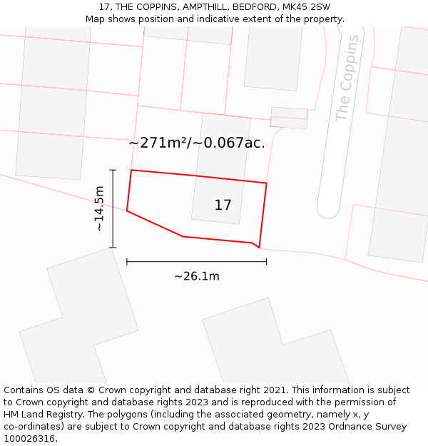 17, THE COPPINS, AMPTHILL, BEDFORD, MK45 2SW: Plot and title map