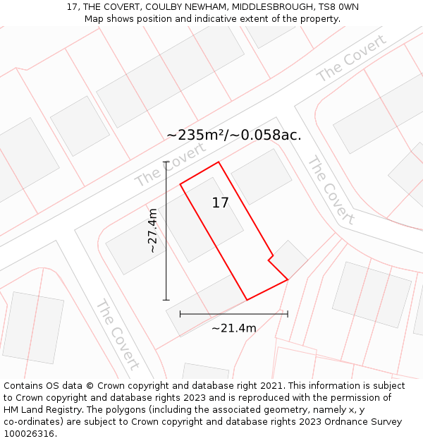 17, THE COVERT, COULBY NEWHAM, MIDDLESBROUGH, TS8 0WN: Plot and title map