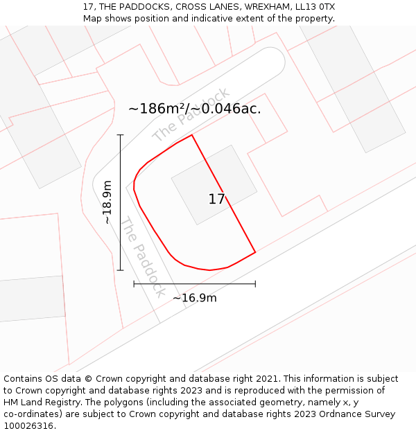 17, THE PADDOCKS, CROSS LANES, WREXHAM, LL13 0TX: Plot and title map