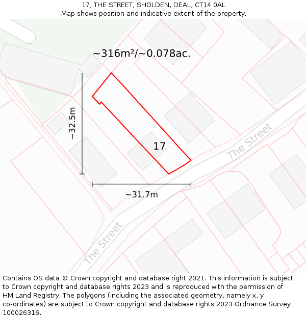 17, THE STREET, SHOLDEN, DEAL, CT14 0AL: Plot and title map