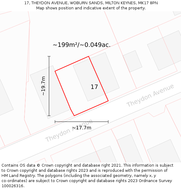 17, THEYDON AVENUE, WOBURN SANDS, MILTON KEYNES, MK17 8PN: Plot and title map