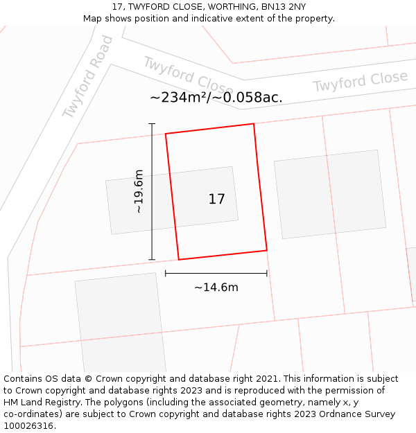 17, TWYFORD CLOSE, WORTHING, BN13 2NY: Plot and title map