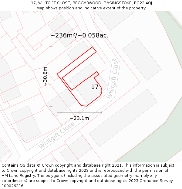 17, WHITGIFT CLOSE, BEGGARWOOD, BASINGSTOKE, RG22 4QJ: Plot and title map