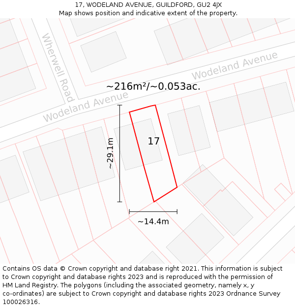 17, WODELAND AVENUE, GUILDFORD, GU2 4JX: Plot and title map