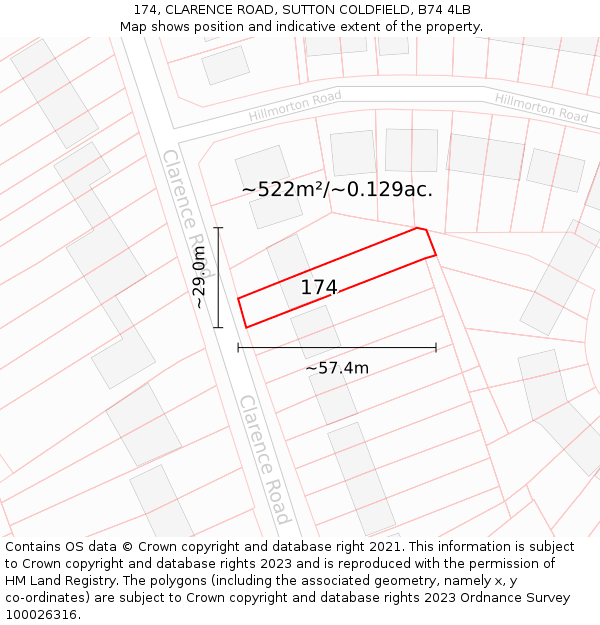 174, CLARENCE ROAD, SUTTON COLDFIELD, B74 4LB: Plot and title map