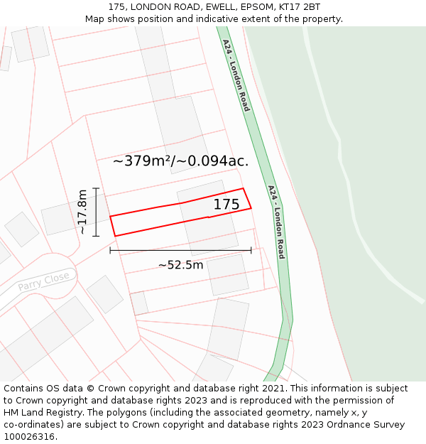 175, LONDON ROAD, EWELL, EPSOM, KT17 2BT: Plot and title map