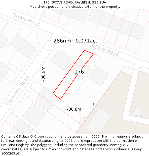 176, GROVE ROAD, RAYLEIGH, SS6 8UA: Plot and title map