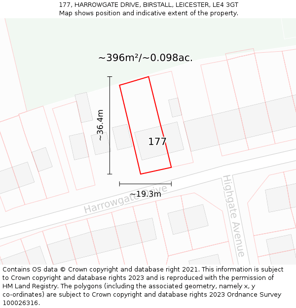 177, HARROWGATE DRIVE, BIRSTALL, LEICESTER, LE4 3GT: Plot and title map