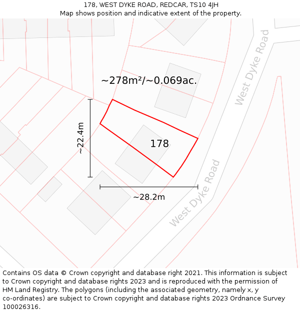 178, WEST DYKE ROAD, REDCAR, TS10 4JH: Plot and title map