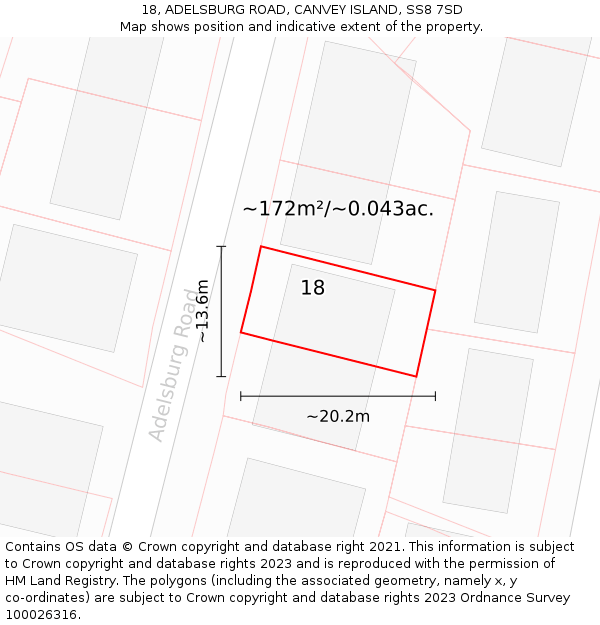 18, ADELSBURG ROAD, CANVEY ISLAND, SS8 7SD: Plot and title map