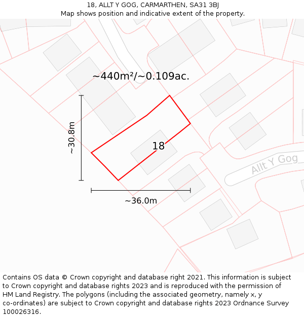 18, ALLT Y GOG, CARMARTHEN, SA31 3BJ: Plot and title map