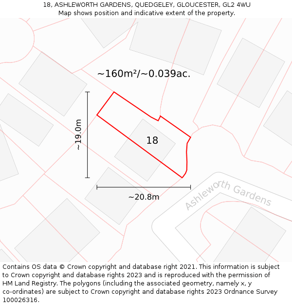 18, ASHLEWORTH GARDENS, QUEDGELEY, GLOUCESTER, GL2 4WU: Plot and title map