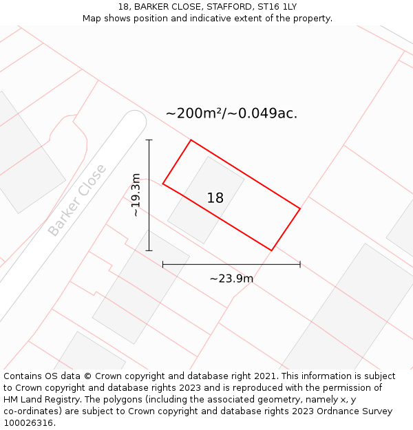 18, BARKER CLOSE, STAFFORD, ST16 1LY: Plot and title map