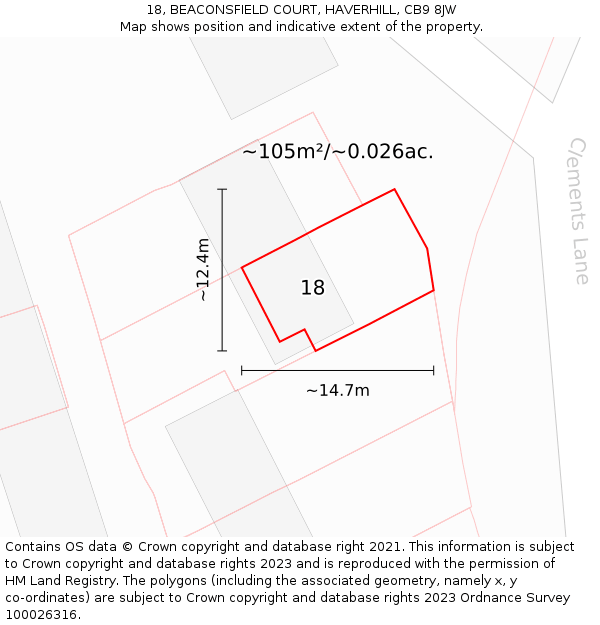 18, BEACONSFIELD COURT, HAVERHILL, CB9 8JW: Plot and title map