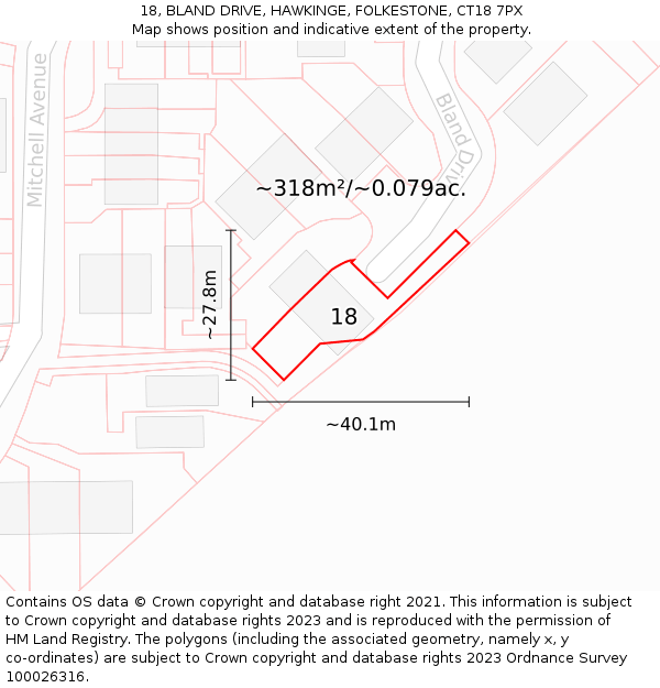 18, BLAND DRIVE, HAWKINGE, FOLKESTONE, CT18 7PX: Plot and title map