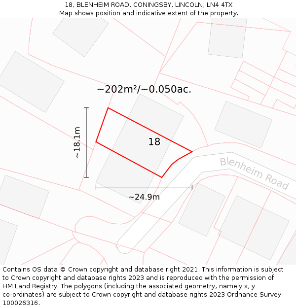 18, BLENHEIM ROAD, CONINGSBY, LINCOLN, LN4 4TX: Plot and title map